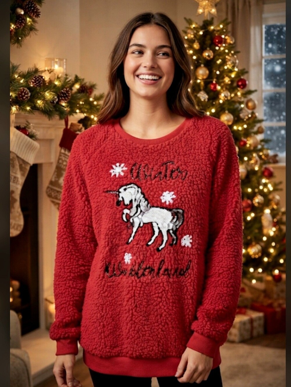 Poof Red Sherpa Christmas Sweater Sequin Unicorn Winter Wonderland Large NWT